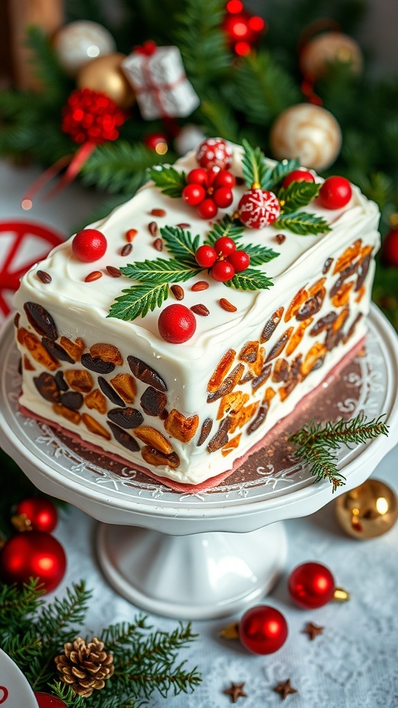 A rectangular Christmas cake covered in white icing, decorated with festive elements, on a cake stand.